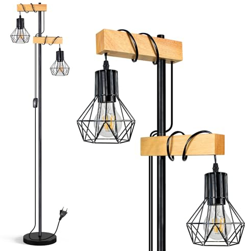 HiBay Stehlampe LED 2 Flammig E27 Stehleuchte Holz Vintage Rustikale Leselampe Stehlampe Schwarz Metall mit Kabelschalter für Wohnzimmer, Schlafzimmer, Büro