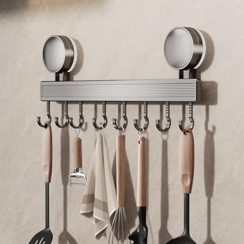 Rusudiy Hakenleiste Küche ohne Bohren mit Saugnapf - 40cm Küchenleiste abnehmbar & rostfrei - Wandhalterung mit 8 Haken für Küchenutensilien, Handtuchhalter, Tragkraft bis 5kg