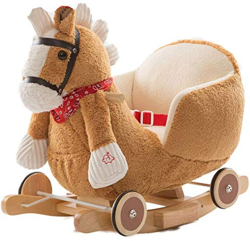 Bakaji Caballo balancín de madera con estructura basculante con ruedas Cavallino Poni 2 en 1 con sillón y divertido timbre para los más pequeños (Light Brown)