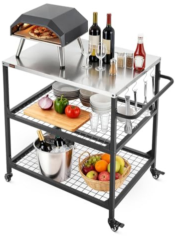 VEVOR Desserte de Jardin pour Plancha, Chariot de Barbecue avec Plan de Travail 80x61 cm en INOX, pour Préparation de Cuisine BBQ Extérieur, avec 4 Roues, Poignée Latérale et Deux Étagères en Maille