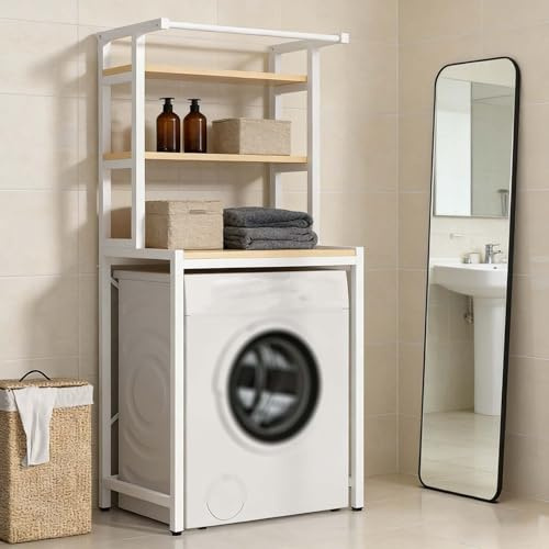 kumamart Over Washing Machine Storage Rack: Heavy Duty Laundry Room Organization Shelves | Over Washer and Dryer Storage Shelf System for Bathroom(White,3-tier)