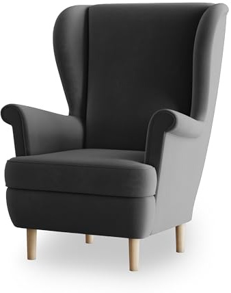 Masseno Ohrensessel LENTIO, Lounge Sessel im Glamour Stil mit Armlehnen, Komfort Polsterstuhl für Esszimmer, Wohnzimmer, Bein aus Holz, Paros 06