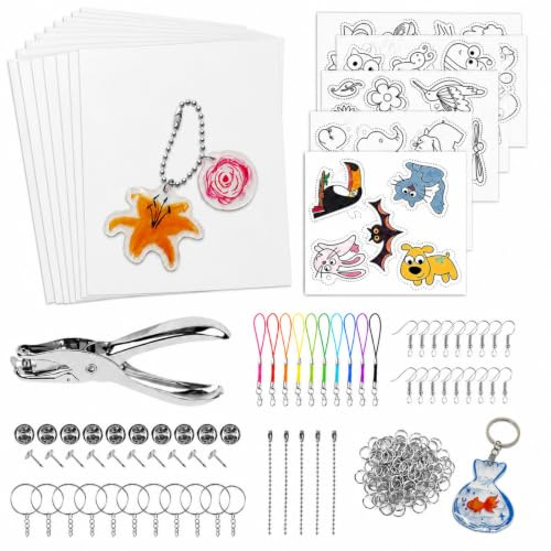 Zenovate Kit Plástico Mágico Horno 198 Piezas, Láminas Encogibles DIY Set con Perforadora, Llaveros, Ganchos para Pendientes, Broches y Lápices de Colores, Manualidades para Niños