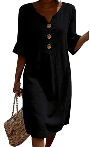 Robe Blanche Femme, Bal De Promo, Robes Élégante pour Femmes Unie en Coton Et Lin Boutonnée Col V Manches Courtes Mi-Longue Fluide Trapèze Style Plage Soirée Longue Mariage