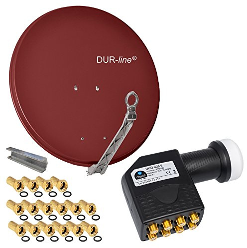 HB Digital 8 Teilnehmer Set - Dur-Line Select ALU SAT Anlage 75/80cm Spiegel Ziegelrot + Octo LNB Schwarz Full HD 3D Ultra HD (UHD) Signale auf bis zu 8 Receiver + 16 Stecker Gratis dazu im Set