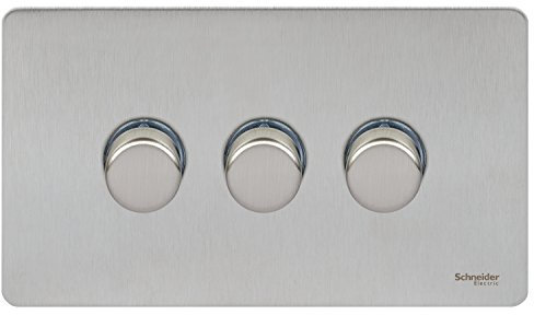 Schneider Electric Ultimate Screwless Flat Plate - 3 Gang 2 Way Dimmer Light Switch, Main and Low Voltage, 250W/VA, GU6432CSS, Stainless Steel