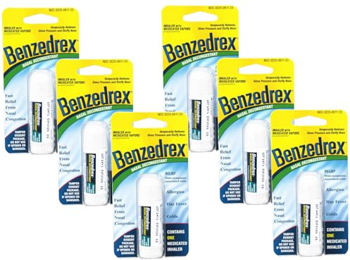 Benzedrex Nasal Decongestant Inhaler – Medicated Vapor Relief for Sinus Pressure, Nasal Congestion, Allergies, Hay Fever & Colds - Pack of 6
