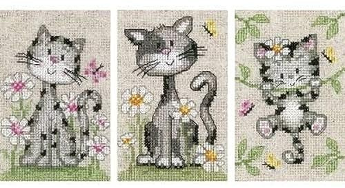 Vervaco Cats and Flowers Counted Cross Stitch Kit, Set of 3, Multi-Colour