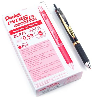 EnerGel Permanent Retractable Rollerball, 0.5mm, Red ink, 1 pack of 12 pens