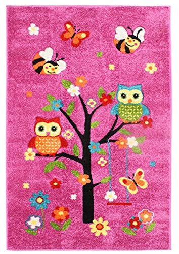 Pflaume 100162 Fuji Eulen Kinder Teppich Mischung aus Wolle/Polypropylen Rosa 150 x 100 cm