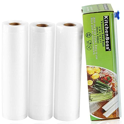 KitchenBoss Sacchetti Sottovuoto per Alimenti, 3 Rotoli 20x500cm Totale15M, (Non più forbici) Rotoli Sacchetti Goffrati, Buste Sottovuoto Alimenti per Conservazione Alimenti e Cottura Sous Vide