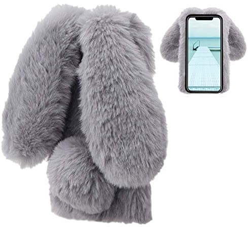 LCHDA Plüsch Hülle für iPhone X/iPhone XS 5.8 Zoll Künstlicher Haar Flauschige Kaninchen Handyhülle Mädchen Süße Hasen Ohren Fell Niedlich Handytasche Stoßfest Schützend TPU Silikonhülle-Grau