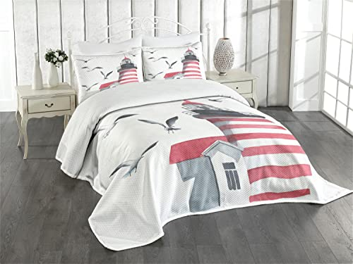 ABAKUHAUS Leuchtturm Tagesdecke Set, Seagulls Strand Meer, Set mit Kissenbezügen Kein verblassen, für Doppelbetten 220 x 220 cm, Weiß Grau Rot