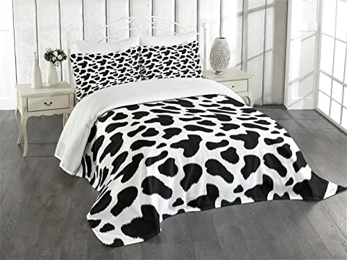 ABAKUHAUS Kuh-Druck Tagesdecke Set, Kuhfell Schwarz Spots, Set mit Kissenbezügen Waschbar, für Einzelbetten 170 x 220 cm, Weiß Grau