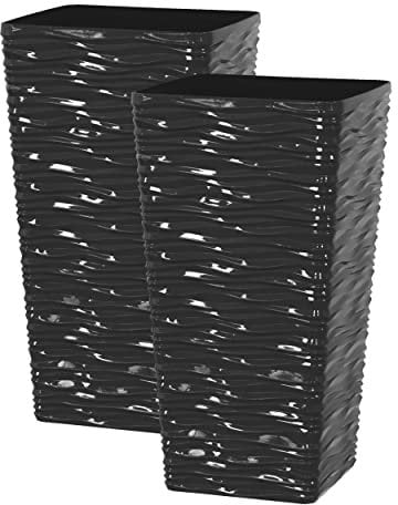 Panache Wave Tall Gloss Plastic Planter - Black, Set of 2 - 42cm (H) x 23cm (Dia) - Suitable for Indoor or Outdoor Use.