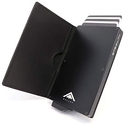 Stealth Wallet Porte Carte Bancaire RFID pour Homme - Porte-Cartes De Crédit avec Mécanisme Pop Up et Boîte Cadeau - Portefeuilles de Crédit Aluminium Minces (Aluminium Noir, Cuir Noir Crazy Horse)