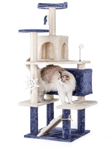 HYABi 53 Inch Ocean Theme Cat Tree Tower, Multi-Level Cat Furniture with Cozy Condo, Scratch Posts, Toy Ball, Luxury Apartment Playhouse for Indoor Cats