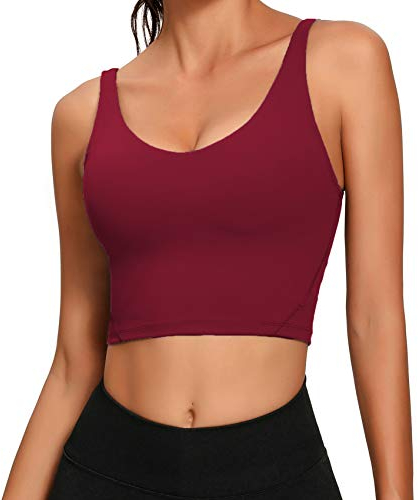 Lemedy Sport-BH für Damen, lang, bauchfrei, gepolstert, für Workout, Laufen, Yoga, burgunderfarben, S