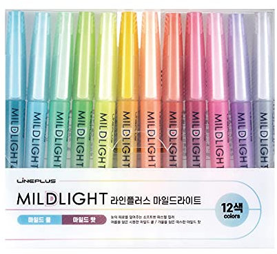 LINEPLUS Mildlight Textmarker-Set, hergestellt in Korea, 12 weiche Pastellfarben für augenschonendes Hervorheben und Notizen, wischfreie, schnell trocknende Tinte, ideal für Tagebuch, Studium und Büro