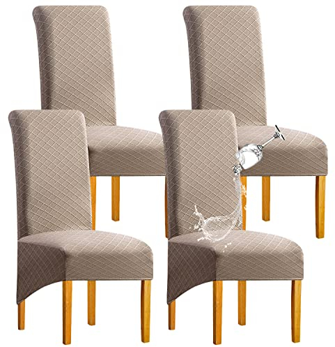 SHENGYIJING 1/2/4/6 PCS Diamond Lattice FStretch wasserdichte XL Stuhlhussen für Esszimmer, Spandex Large Dining Chair Husses High Back Jacquard Dining Chair Covers (Khaki,Set of 4)