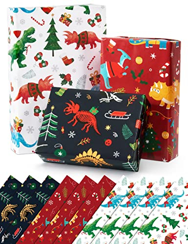 WERNNSAI 10 Blatt Weihnachts Dino Geschenkpapier - 51 x 70 cm Weihnachts Geschenk Wrap Dino Packpapier Kinder Geschenkpapier Weihnachten Kinder für Weihnachtsfeiertags Geschenkpapier Set