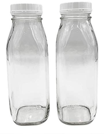 The Dairy Shoppe Glass Milk Bottle, Heavy Glass with Lid, Creamery Style (2, Threaded Pint)
