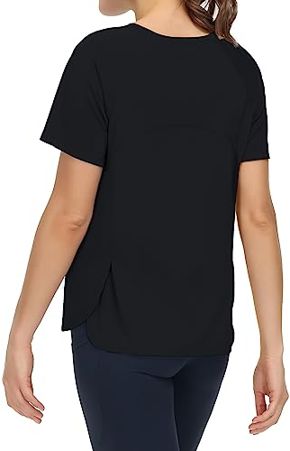 THE GYM PEOPLE Damen Kurzärmeliges Shirts mit Rundhalsausschnitt Atmungsaktiv Yoga T-Shirts mit Seitenschlitzen Black XL
