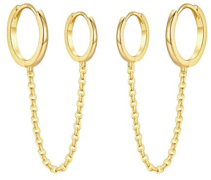 925 Sterling Silver Chain Hoop Earrings for Women, Gold Double Piercing Two Holes Huggie Hoop Earrings Tassel Drop Link Cuff Cartilage Helix Earrings for Teen Girls Jewellery Gifts