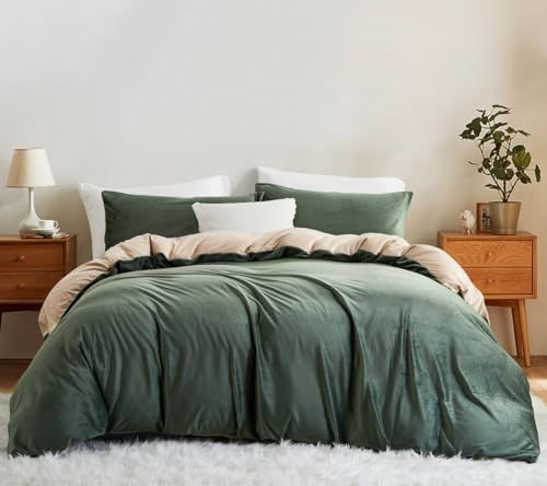 Lanqinglv Flauschig Bettwäsche 200x200 cm Grün Beige Winter Plüsch Flanell Fleece Wendebettwäsche Set Warme Cashmere Touch Biber Bettbezug mit Reißverschluss und 2 Kissenbezug 80x80cm