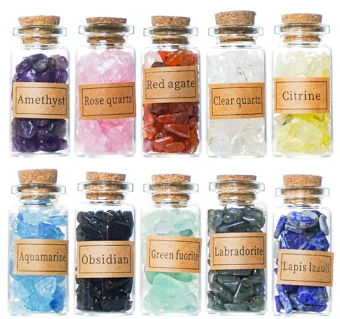 EnMart 10 Stück Kristall Chip Flasche, Glas Flasche Wünschend, Edelsteinsplitter Flaschen Set, Naturquarz Kies Wunschflasche für Reiki, Heilung, Meditation, Hauptdekoration, Schmuckherstellung