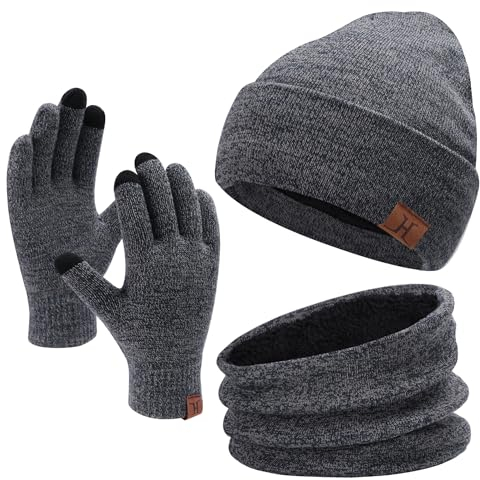 Winter Warm Mütze Loop Schal und Touchscreen Handschuhe Set für Herren und Damen, Wintermütze Strickmütze Beanie Schlauchschal Winterhandschuhe Strickhandschuhe mit Fleece Gefütterte, Marineblau