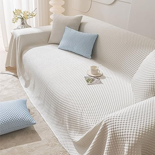 Homxi Bezug für Sofa 4 Sitzer,210x400CM,Sofaüberwurf Decke Einfarbig Sofa Überwurf Polyester Sofa-Handtuch Weiß Cauchsofa Bezug