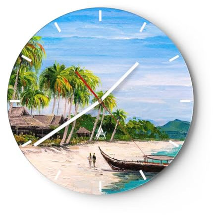 Modern Wanduhr Strand Exotik Palmen 30x30cm Rund Klein Wand Uhr Glas Analog Zimmeruhren Küche Büro Wohnzimmer Glasuhr Wall Clock Dekoration Design Wanddekoration Küchenuhr C3AR30x30-5516