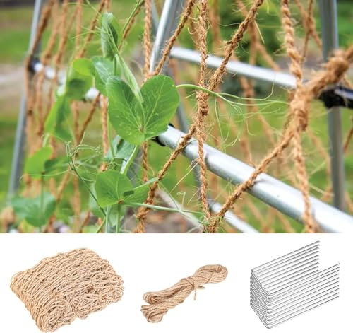 DGHOME Plant Support Netting for Climbing, 100% Eco Friendly Natural Jute Netting for Climbing Plants Vegetables Pea Runner Bean, Compostable (1mx5m Jute Net + 10m Jute Twine+10 Pcs Turf Pegs)
