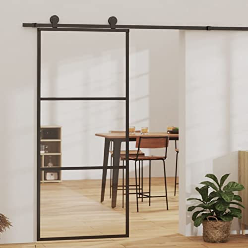 Festnight Glas-Schiebetür 90 x 205 cm Alu Glasschiebetür Komplettset Schiebetür Glasschiebetür Komplettset mit Lauf-Schiene Transparent und Schwarz