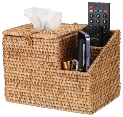 IGNPION Woven Square Tissue Holder Rattan Facial Tissue Box Cover Decorative Household Cube Tissue Organizer Box with 2 Compartments Remote Control Storage Holder for House Office Car Hotel