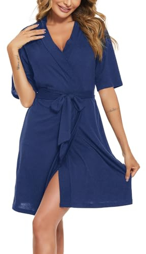 Rayson Peignoir Femme Court Luxueux Kimono Robes de Chambre en Coton Col V Courte à Manches Courtes Peignoir de Bain avec Ceinture S-XL