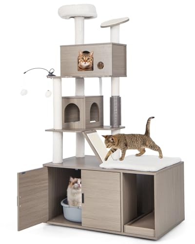 GOPLUS Arbre à Chat avec Meuble Litière pour Chat, 2 Condo,Griffoirs, Gratter en Sisal, Balles Suspendues, Arbre à Chat avec Toilette pour Chats, Gris (173cm)