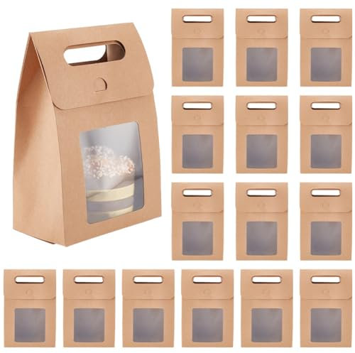 GOMAKERER 16 Stück Geschenktüten aus Papier mit Fenster, 13.5x7.9x19.5cm Geschenkboxen Farbe Beige Papiertüten wiederverwendbar Süßigkeitenbox für Geburtstag, Brautparty