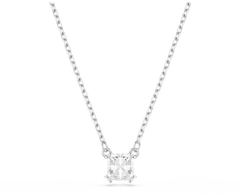Swarovski Stilla Attract Pendant Necklace, Clear Square-Cut Stone in a Rhodium-Finished Setting, Part of the Stilla Collection