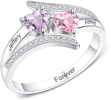 OTXIXTO Personalisierte 2 Herz-Geburtssteinringe mit Gravur 2 Namen Individuelle Verlobungs-Namensringe für Frauen Ring aus 925er Sterlingsilber für Frauen Freundin Ehefrau Mutter Geschenke (Größe 60)