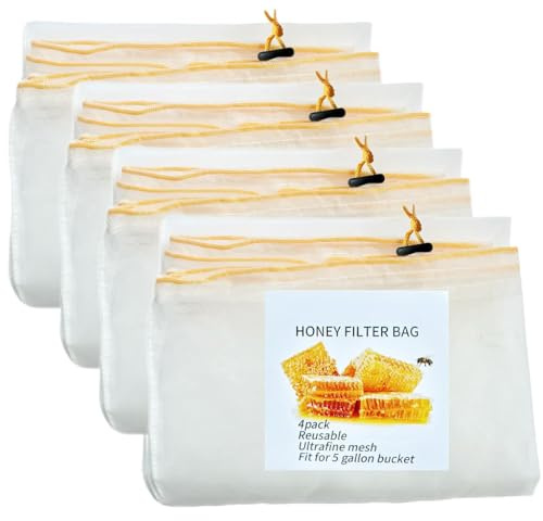 SPMKTQK Honey Strainer, 4 Pcs Honey Filter Bag Ultra-Fine Mesh Strainer with Adjustable Drawstring, Beginner Honey Extractor Equipment in a 5 Gallon Bucket, Bee Supplies Reusable and Washable