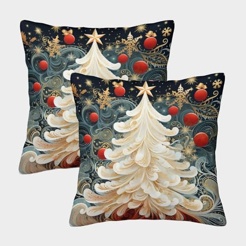 VIAGECSKE Christmas Tree Cushion Cover 2 Pack Decorative Machine Washable Pillowcases Square Cushions with Invisible Zipper Cushion Covers for Living Room Sofa Couch Bed Throw Pillow Cases 40x40cm