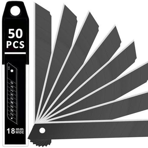 50 x Abbrechklingen Cuttermesser, Schwarz Ersatzklingen für Messer, 18mm Cutter Klingen mit 10 abbrechbaren Segmenten, Carbonstahl Teppichmesser Utility Knife für Karton, Leder, Kunststoff
