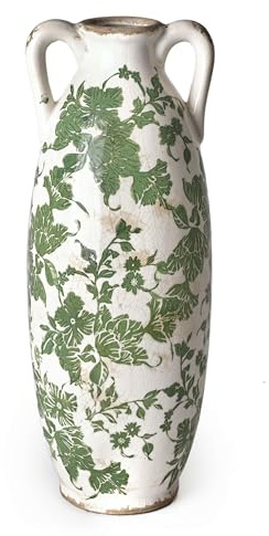 VICTOR & TERESA Grün-weiße Bodenvase für Pampasgras, 35 cm hohe Vase für Heimdekoration, Keramik-Bauernhaus, dekorative große Vasen für Blumen, Kaminsims, Wohnzimmer, Regal, Tafelaufsätze, Geschenk
