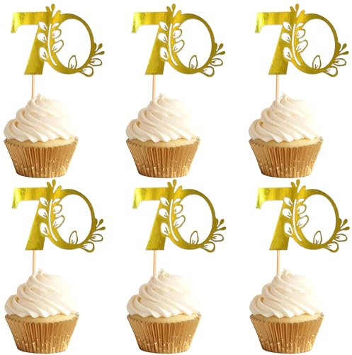 Blumomon 24Pcs 70th Happy Birthday Cupcake Toppers Happy 70 Cupcake Topper Cheers to 70 Cake Decoration 70th Birthday Party Decoration 70th Anniversary Cake Decoration（Gold）