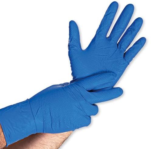 FRANZ MENSCH 50 Stück Nitrilhandschuhe Power Grip Long Extra | puderfrei, Packung, blau, 12/XXXL, L: 30cm, Einmalhandschuhe, Gastronomiehandschuhe, Industriehandschuhe, Montagehandschuhe
