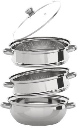 TFIANYNI Dampfgarer Topf 3-Tier Edelstahl Dampfkocher Topf Mit Glasdeckel, Dampfer Pfanne Set 28cm, Dampfer Kochen, Silber, Polieren, Langlebige Griffe