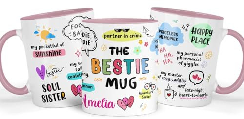 Shamsco Tazza personalizzata Bestie – 'Soul Sister & Adventure Seeker' regalo per amici – Tazza da caffè/tè personalizzata per compleanni, amicizia, occasioni speciali – rosa