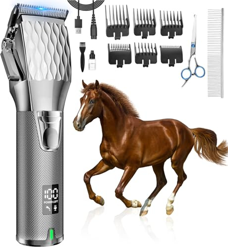 GHWMYD Rechargeable Horses Clippers, Cordless Pet Hair Trimmer Shaver with 6 Guide Guards, 2500mAh Large Battery Capacity Electric Grooming Kit for Livestock Animal Thick Coat, Light Weight 0.8lbs